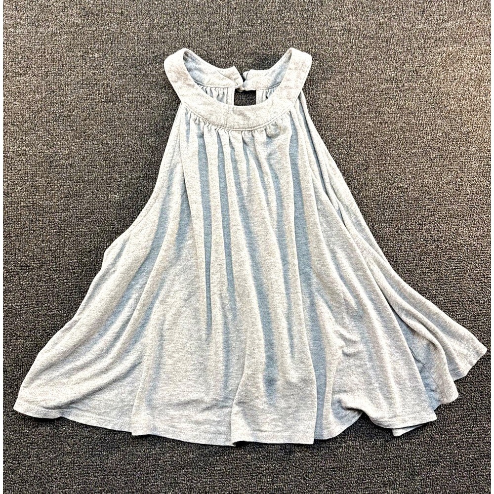 Women's Gray Solid Knit Halter Tank Top Pleated Keyhole Neck Sleeveless S